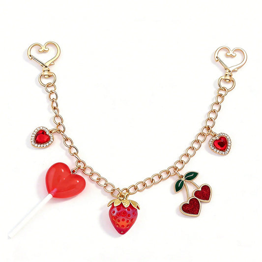 1pc Y2K Kawaii Strawberry Cherry Heart Lollipop Bag Charm Chain Cute Rhinestone Purse Pendant Keychain For Women Backpack Handbag Accessories Gift