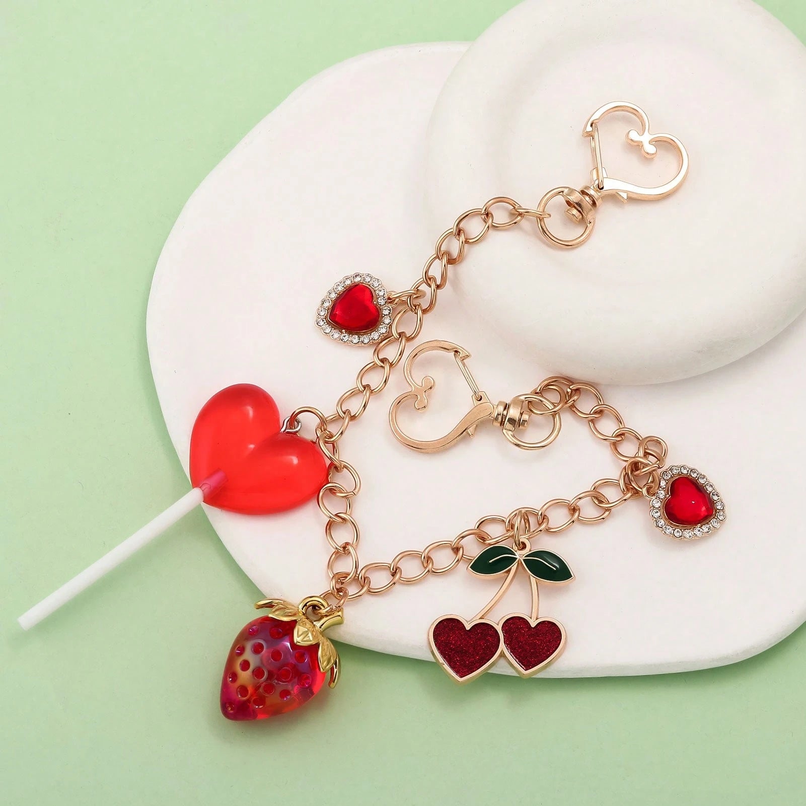 1pc Y2K Kawaii Strawberry Cherry Heart Lollipop Bag Charm Chain Cute Rhinestone Purse Pendant Keychain For Women Backpack Handbag Accessories Gift