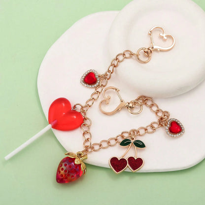 1pc Y2K Kawaii Strawberry Cherry Heart Lollipop Bag Charm Chain Cute Rhinestone Purse Pendant Keychain For Women Backpack Handbag Accessories Gift