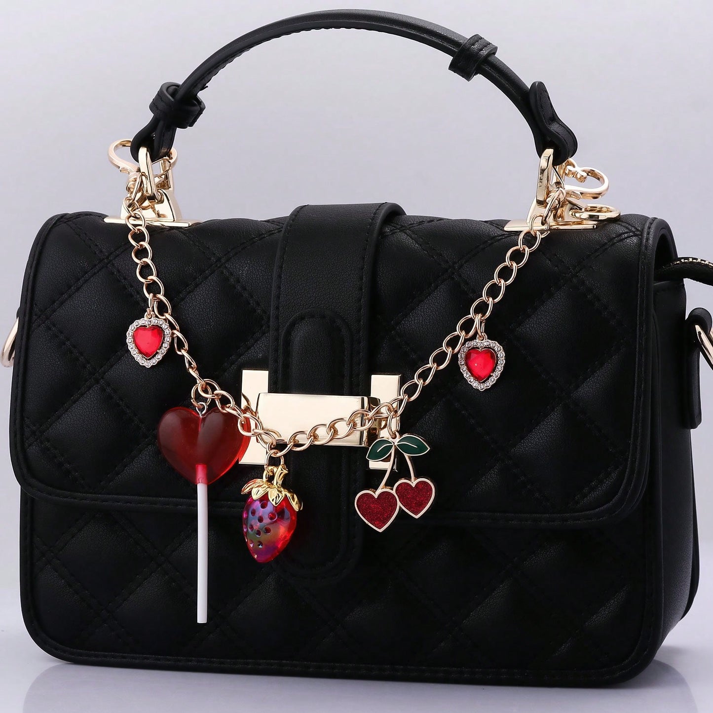 1pc Y2K Kawaii Strawberry Cherry Heart Lollipop Bag Charm Chain Cute Rhinestone Purse Pendant Keychain For Women Backpack Handbag Accessories Gift