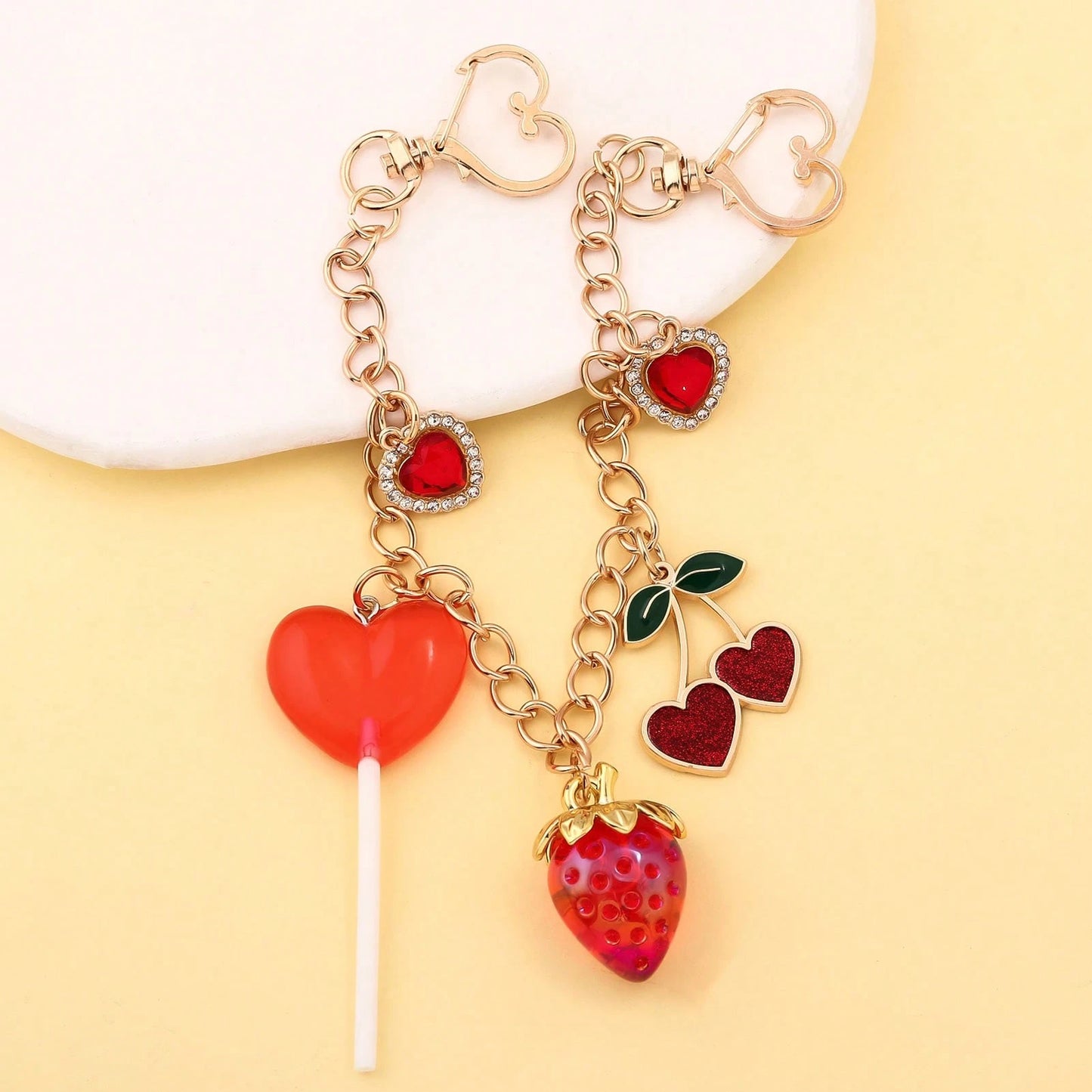 1pc Y2K Kawaii Strawberry Cherry Heart Lollipop Bag Charm Chain Cute Rhinestone Purse Pendant Keychain For Women Backpack Handbag Accessories Gift