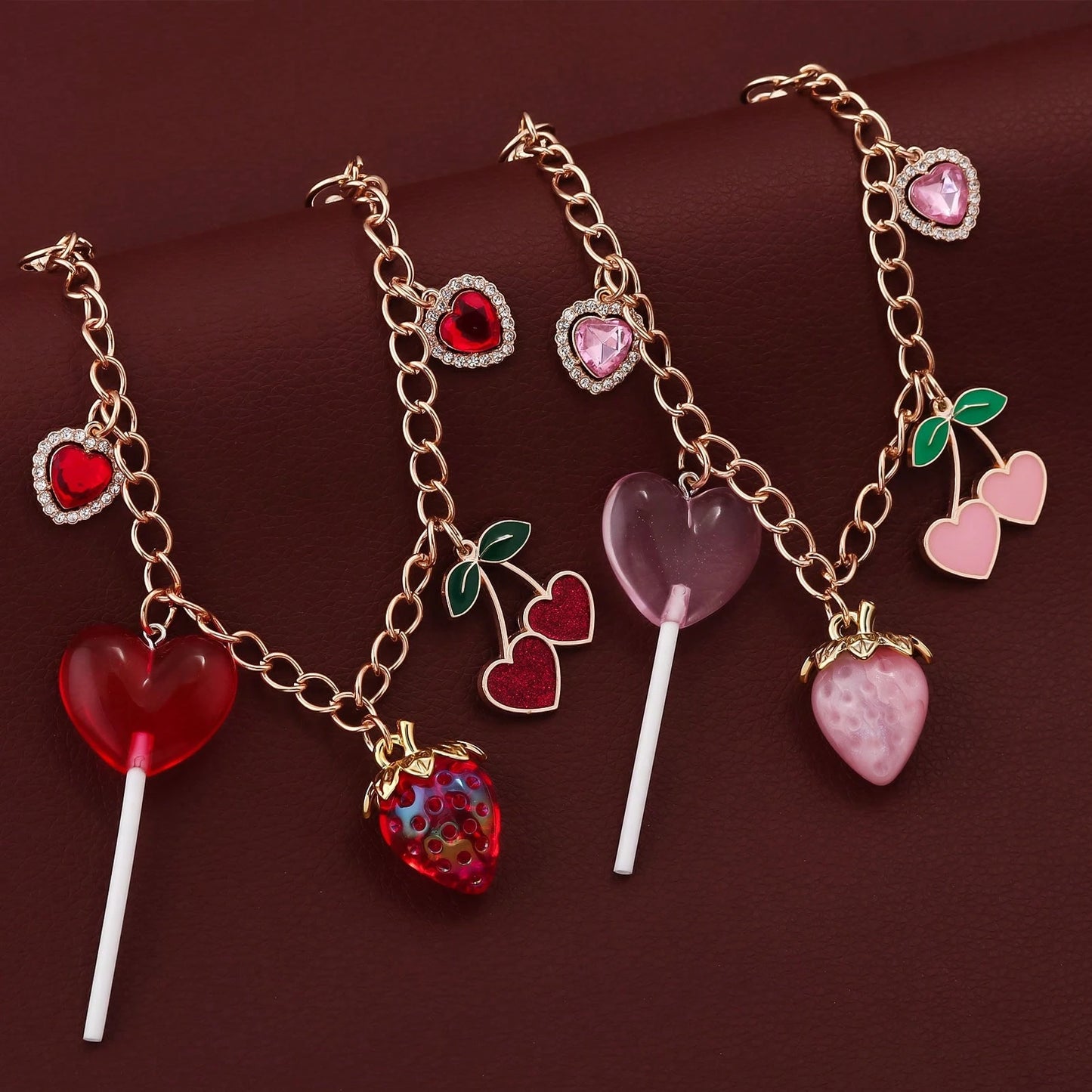 1pc Y2K Kawaii Strawberry Cherry Heart Lollipop Bag Charm Chain Cute Rhinestone Purse Pendant Keychain For Women Backpack Handbag Accessories Gift