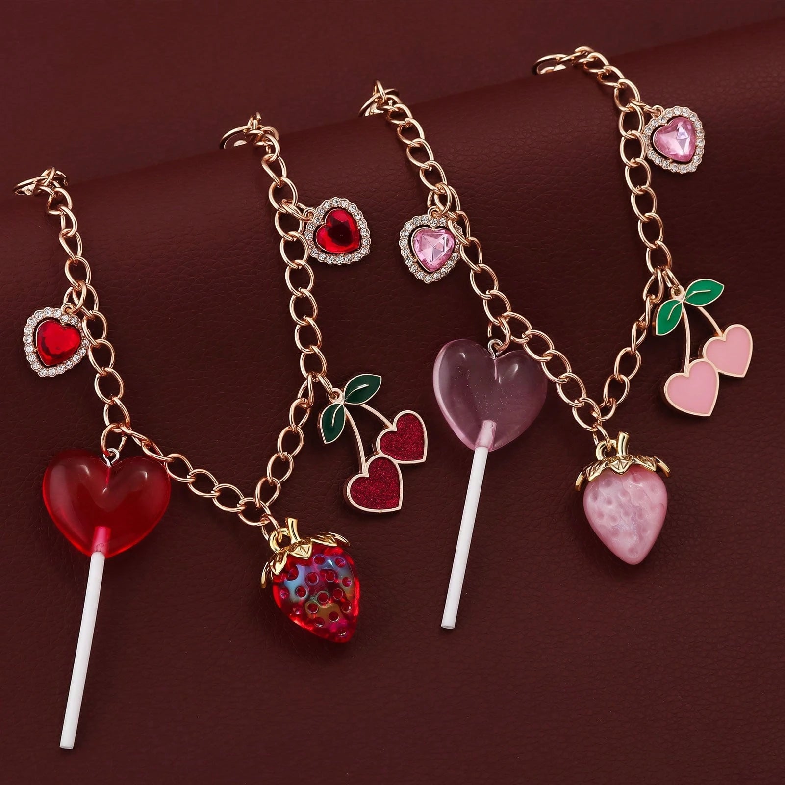 1pc Y2K Kawaii Strawberry Cherry Heart Lollipop Bag Charm Chain Cute Rhinestone Purse Pendant Keychain For Women Backpack Handbag Accessories Gift