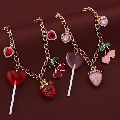1pc Y2K Kawaii Strawberry Cherry Heart Lollipop Bag Charm Chain Cute Rhinestone Purse Pendant Keychain For Women Backpack Handbag Accessories Gift
