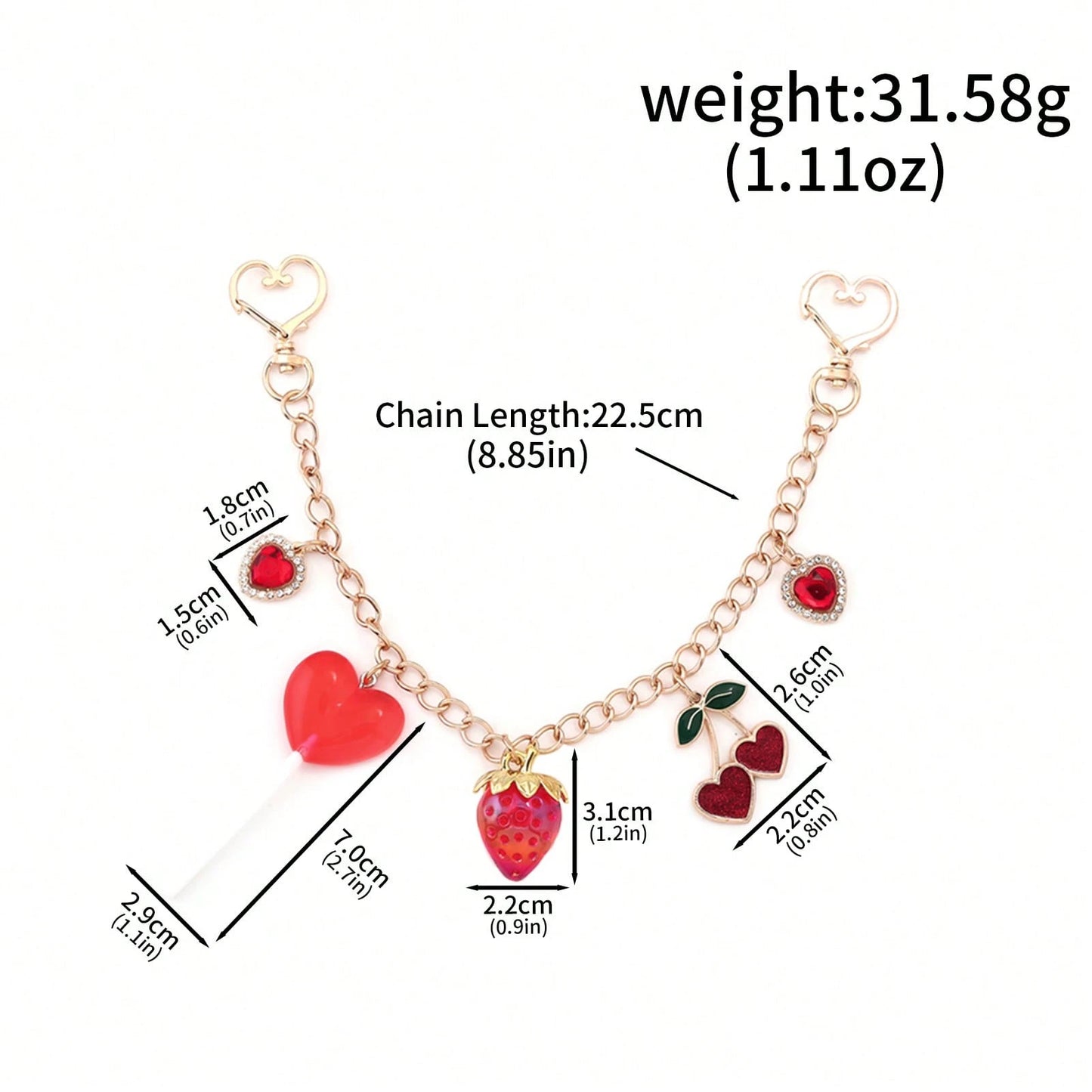 1pc Y2K Kawaii Strawberry Cherry Heart Lollipop Bag Charm Chain Cute Rhinestone Purse Pendant Keychain For Women Backpack Handbag Accessories Gift