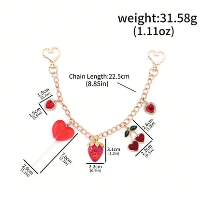 1pc Y2K Kawaii Strawberry Cherry Heart Lollipop Bag Charm Chain Cute Rhinestone Purse Pendant Keychain For Women Backpack Handbag Accessories Gift