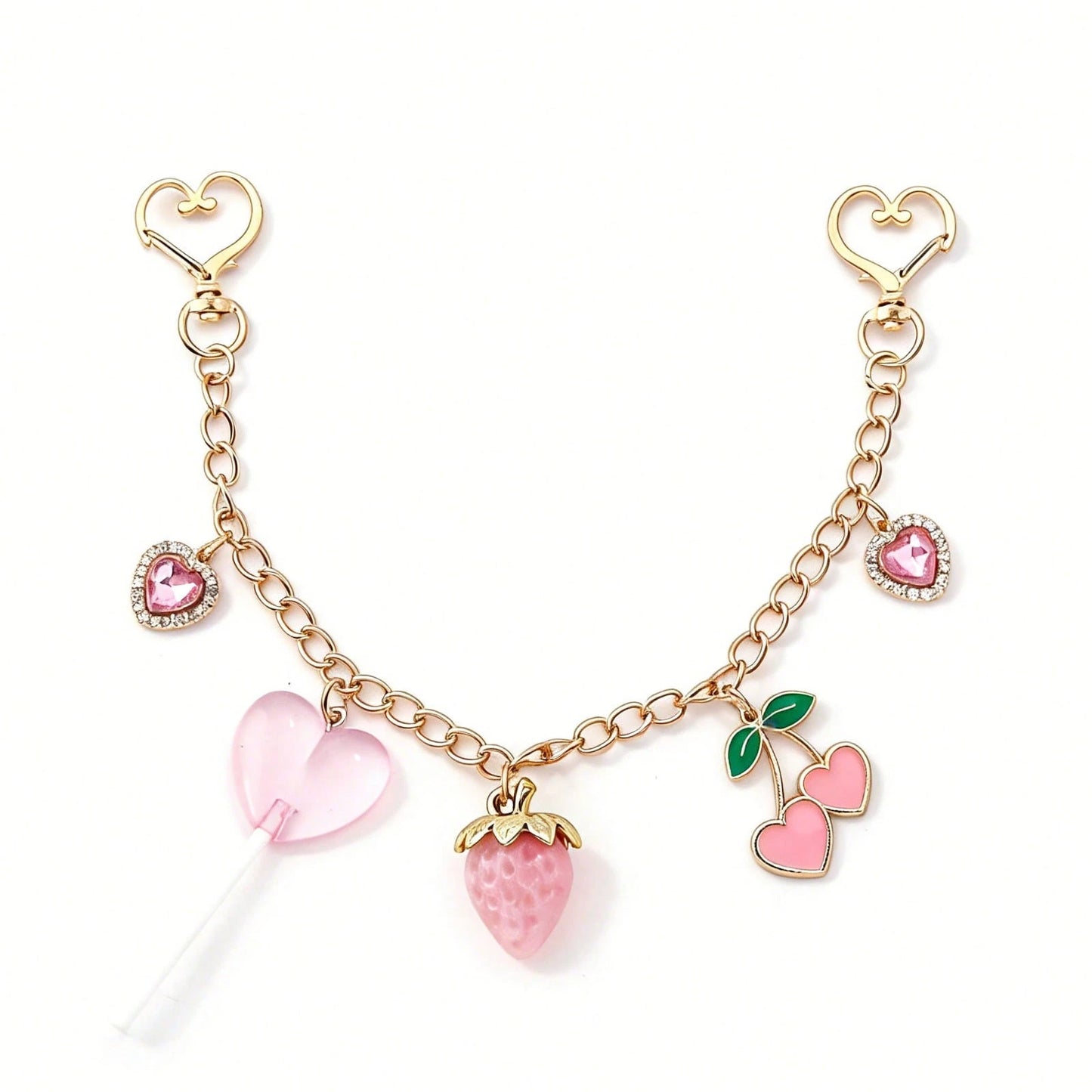 1pc Y2K Kawaii Strawberry Cherry Heart Lollipop Bag Charm Chain Cute Rhinestone Purse Pendant Keychain For Women Backpack Handbag Accessories Gift