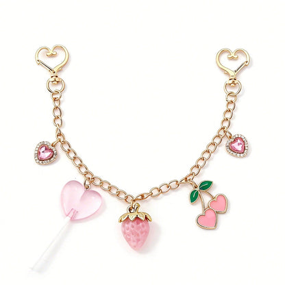 1pc Y2K Kawaii Strawberry Cherry Heart Lollipop Bag Charm Chain Cute Rhinestone Purse Pendant Keychain For Women Backpack Handbag Accessories Gift