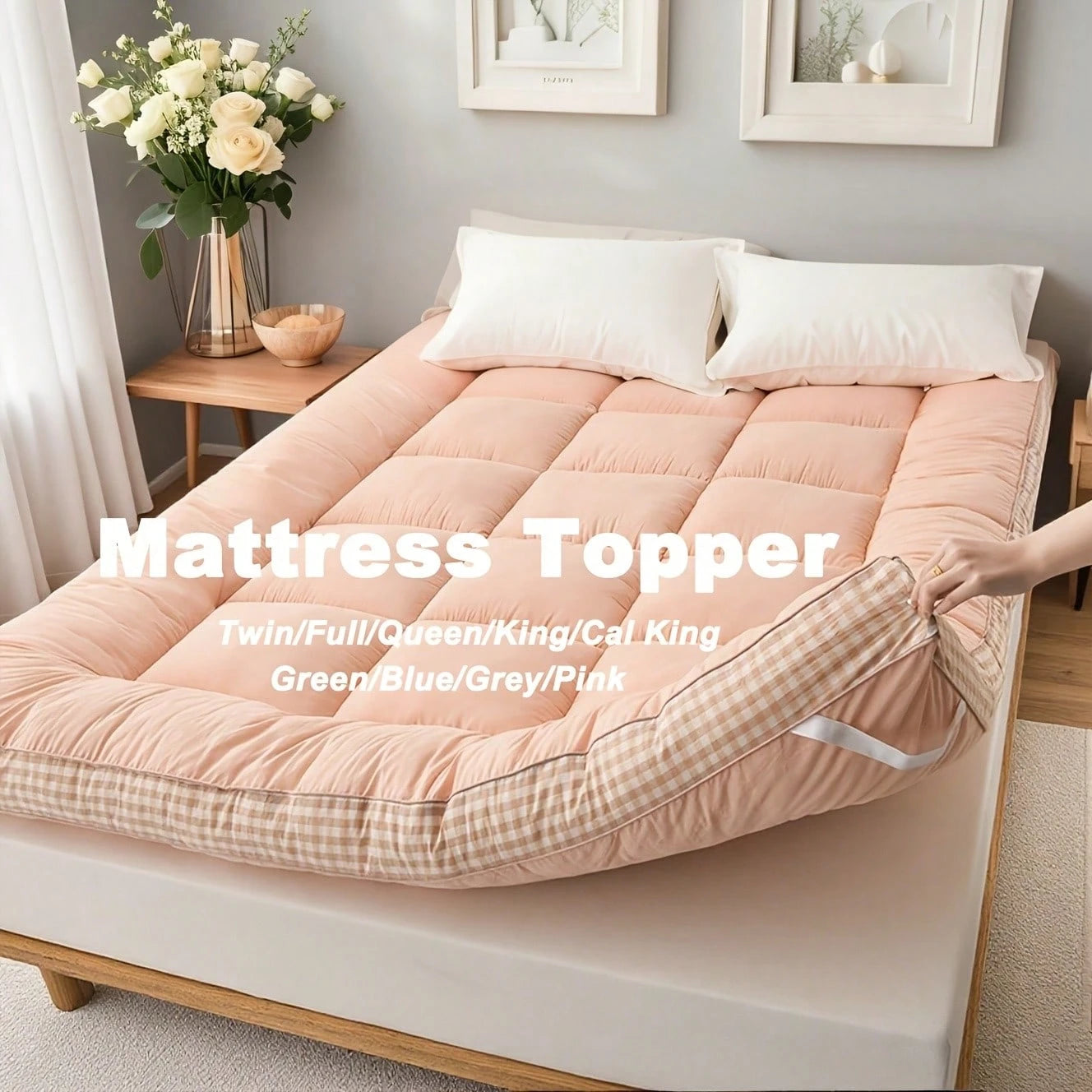 [1pcs 900gsm King Mattress Topper] Thin Mattress Pad With Checkered Print On The Side, Featuring Straps At The Corners Fit Over The Mattress, Foldable, Soft & Warm Mattress Protector| Low Allergenic