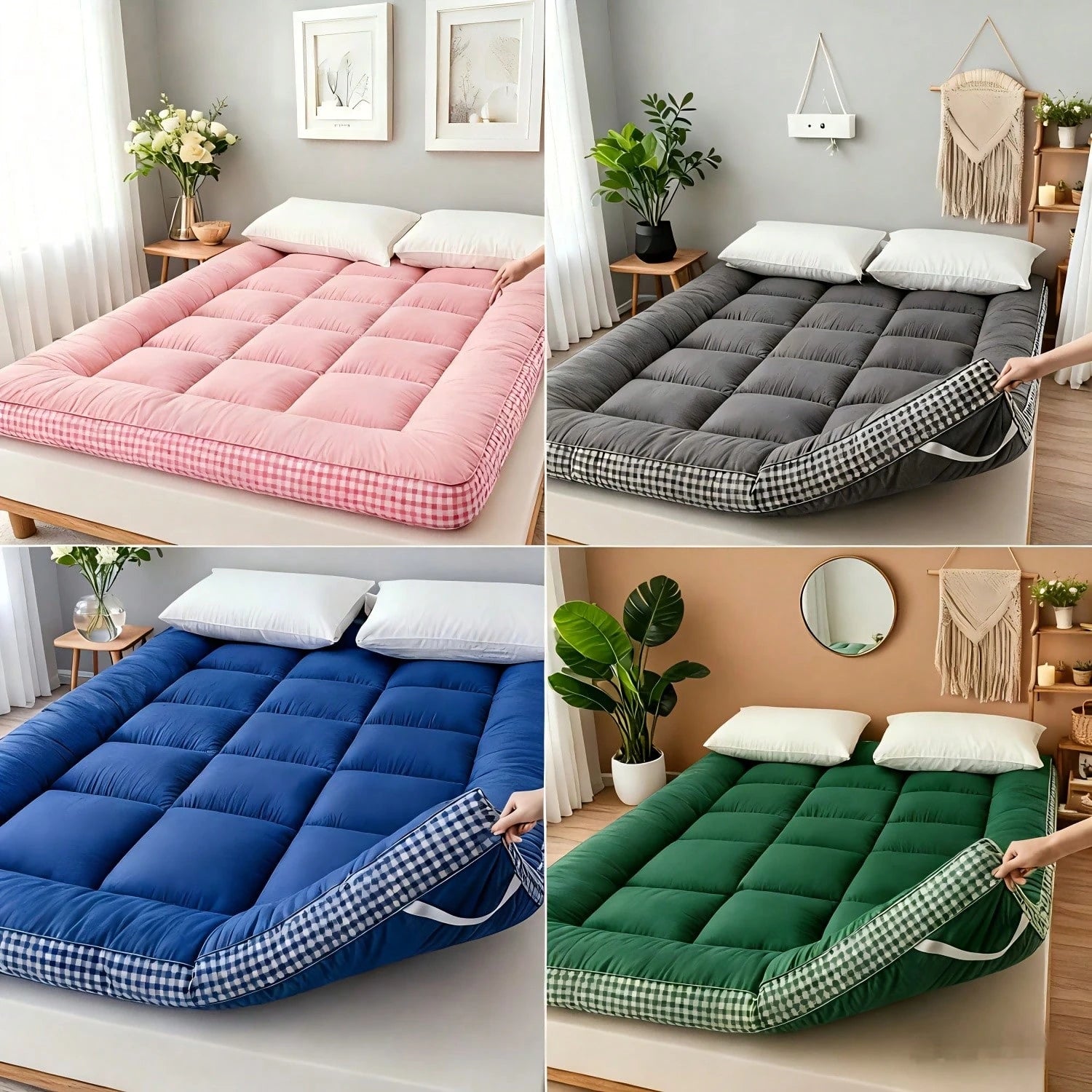 [1pcs 900gsm King Mattress Topper] Thin Mattress Pad With Checkered Print On The Side, Featuring Straps At The Corners Fit Over The Mattress, Foldable, Soft & Warm Mattress Protector| Low Allergenic