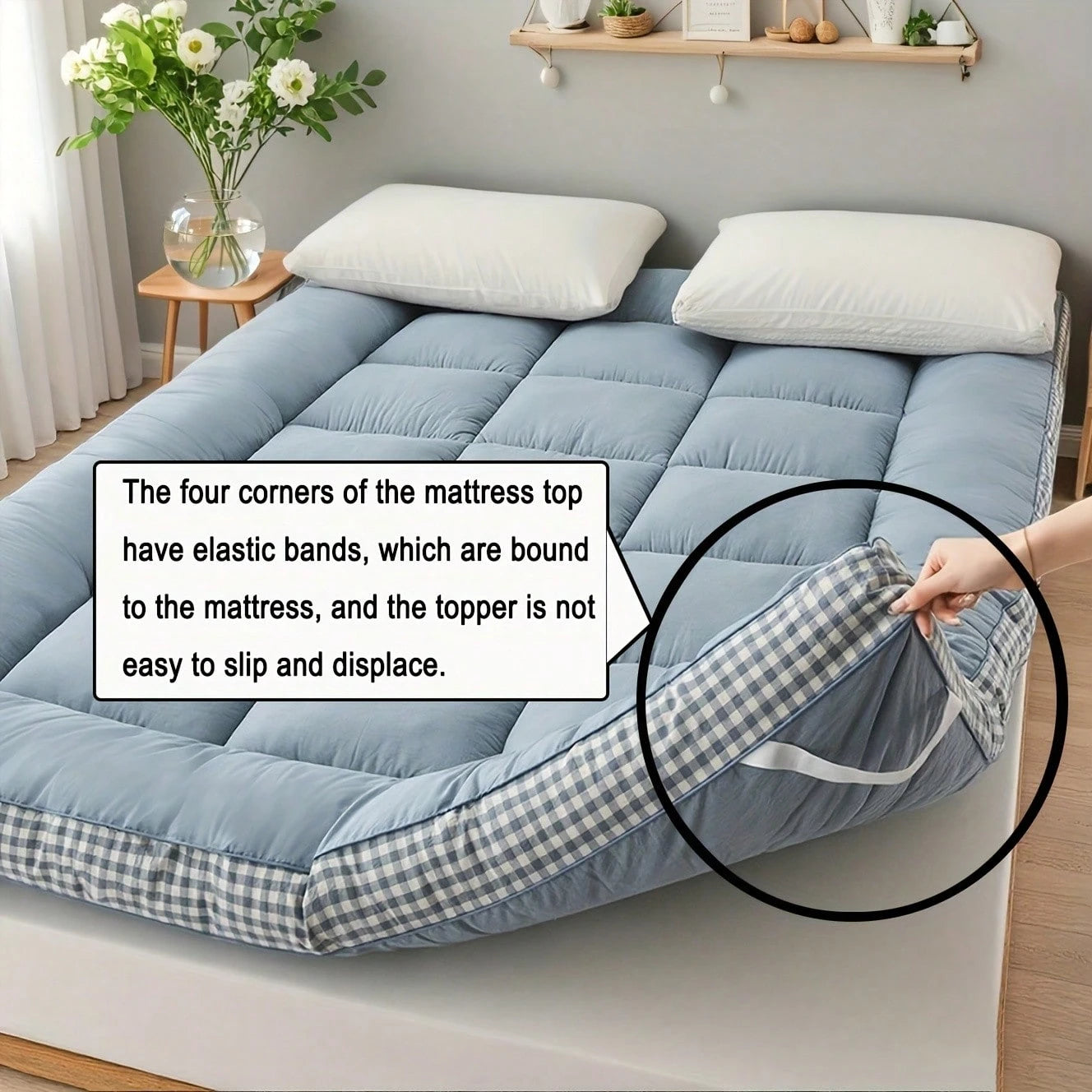 [1pcs 900gsm King Mattress Topper] Thin Mattress Pad With Checkered Print On The Side, Featuring Straps At The Corners Fit Over The Mattress, Foldable, Soft & Warm Mattress Protector| Low Allergenic
