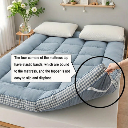 [1pcs 900gsm King Mattress Topper] Thin Mattress Pad With Checkered Print On The Side, Featuring Straps At The Corners Fit Over The Mattress, Foldable, Soft & Warm Mattress Protector| Low Allergenic