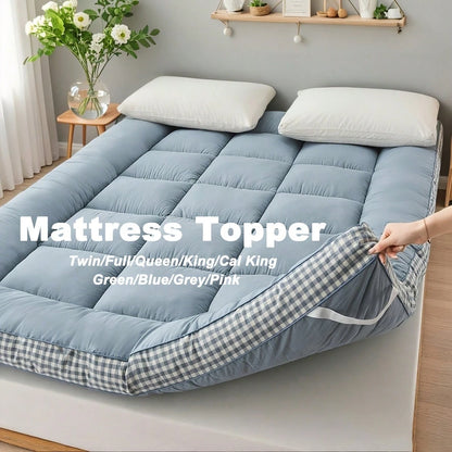 [1pcs 900gsm King Mattress Topper] Thin Mattress Pad With Checkered Print On The Side, Featuring Straps At The Corners Fit Over The Mattress, Foldable, Soft & Warm Mattress Protector| Low Allergenic