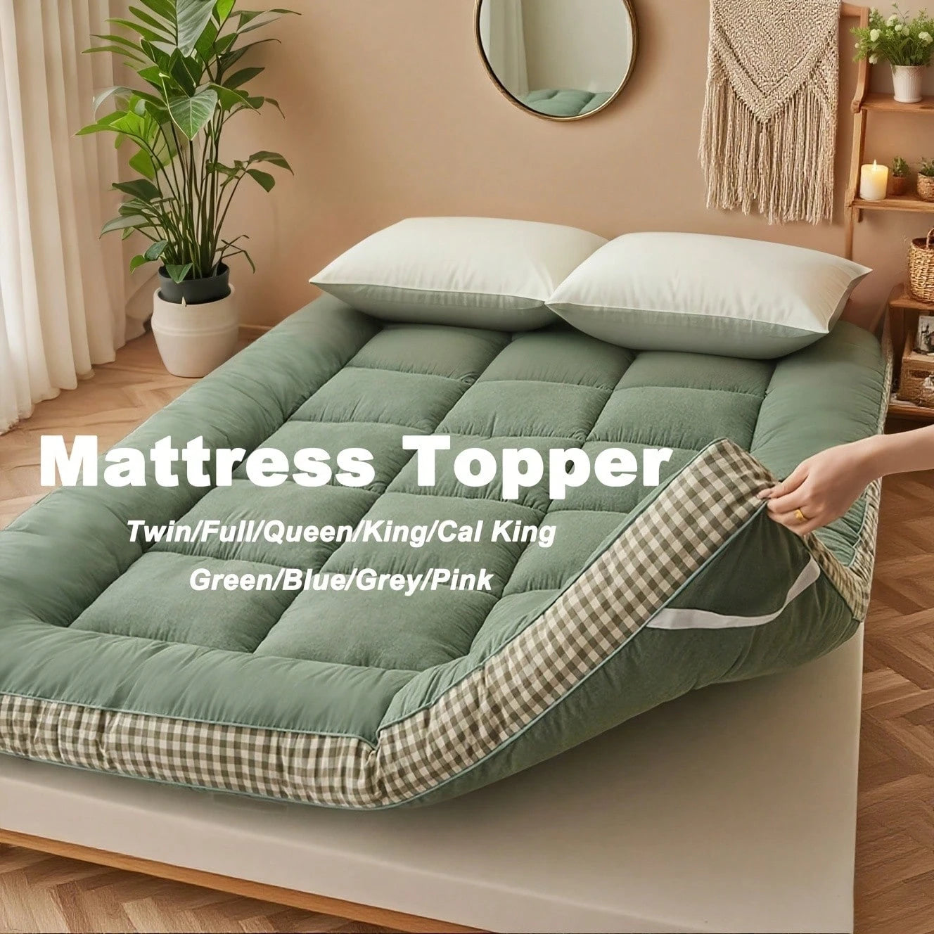 [1pcs 900gsm King Mattress Topper] Thin Mattress Pad With Checkered Print On The Side, Featuring Straps At The Corners Fit Over The Mattress, Foldable, Soft & Warm Mattress Protector| Low Allergenic