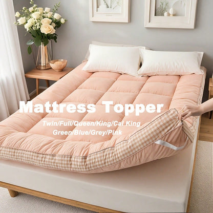 [1pcs 900gsm King Mattress Topper] Thin Mattress Pad With Checkered Print On The Side, Featuring Straps At The Corners Fit Over The Mattress, Foldable, Soft & Warm Mattress Protector| Low Allergenic