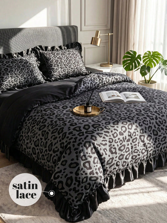 2/3pcs Satin Ruffle Duvet Cover Set, Dorm Bedding, Black Leopard Print Bedding Set, Cozy Room Decor, Skin-Friendly Breathable, Super Soft Anti-Pilling, No Duvet Insert, Suitable For Single/Double/Quee