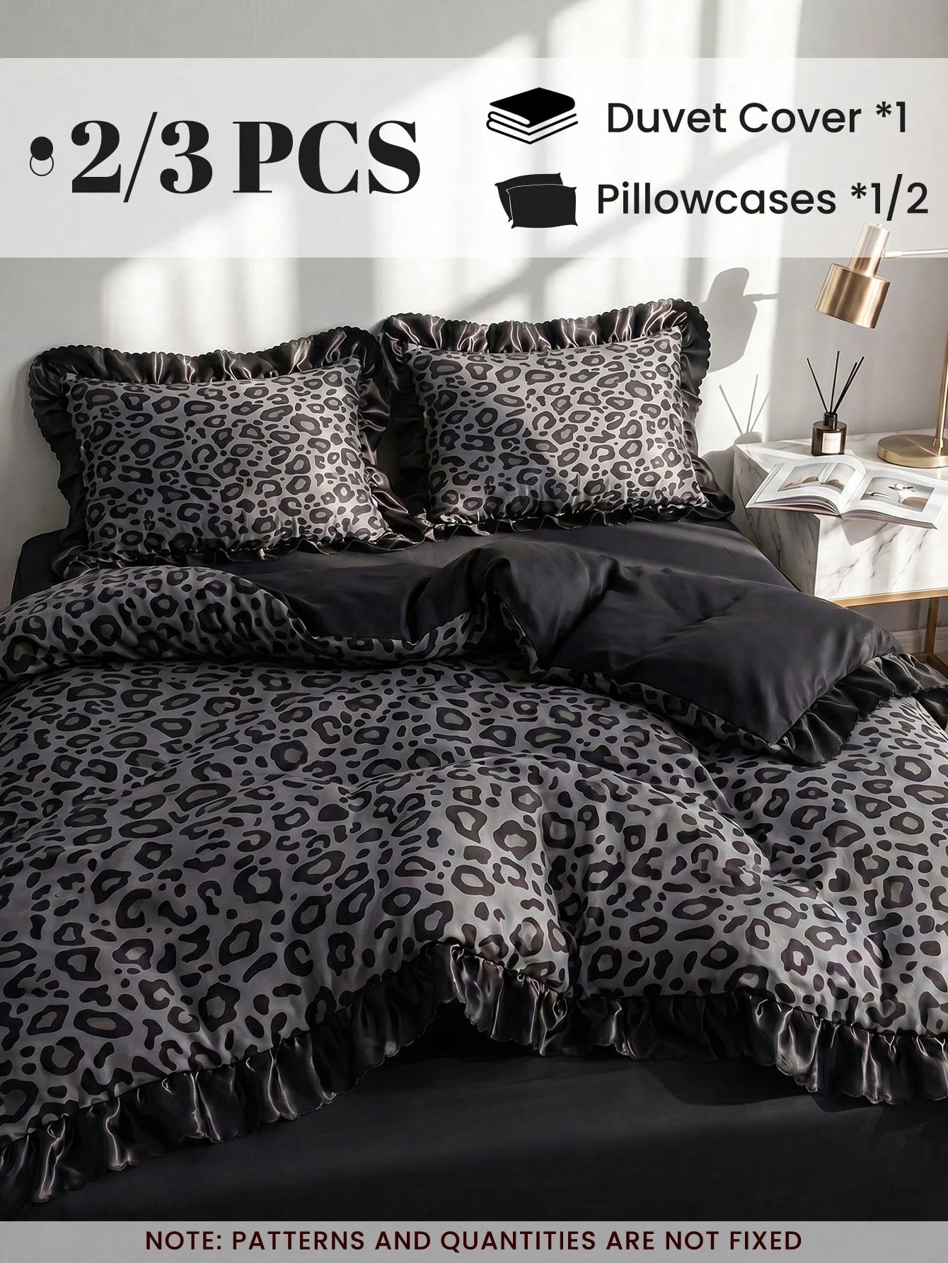 2/3pcs Satin Ruffle Duvet Cover Set, Dorm Bedding, Black Leopard Print Bedding Set, Cozy Room Decor, Skin-Friendly Breathable, Super Soft Anti-Pilling, No Duvet Insert, Suitable For Single/Double/Quee