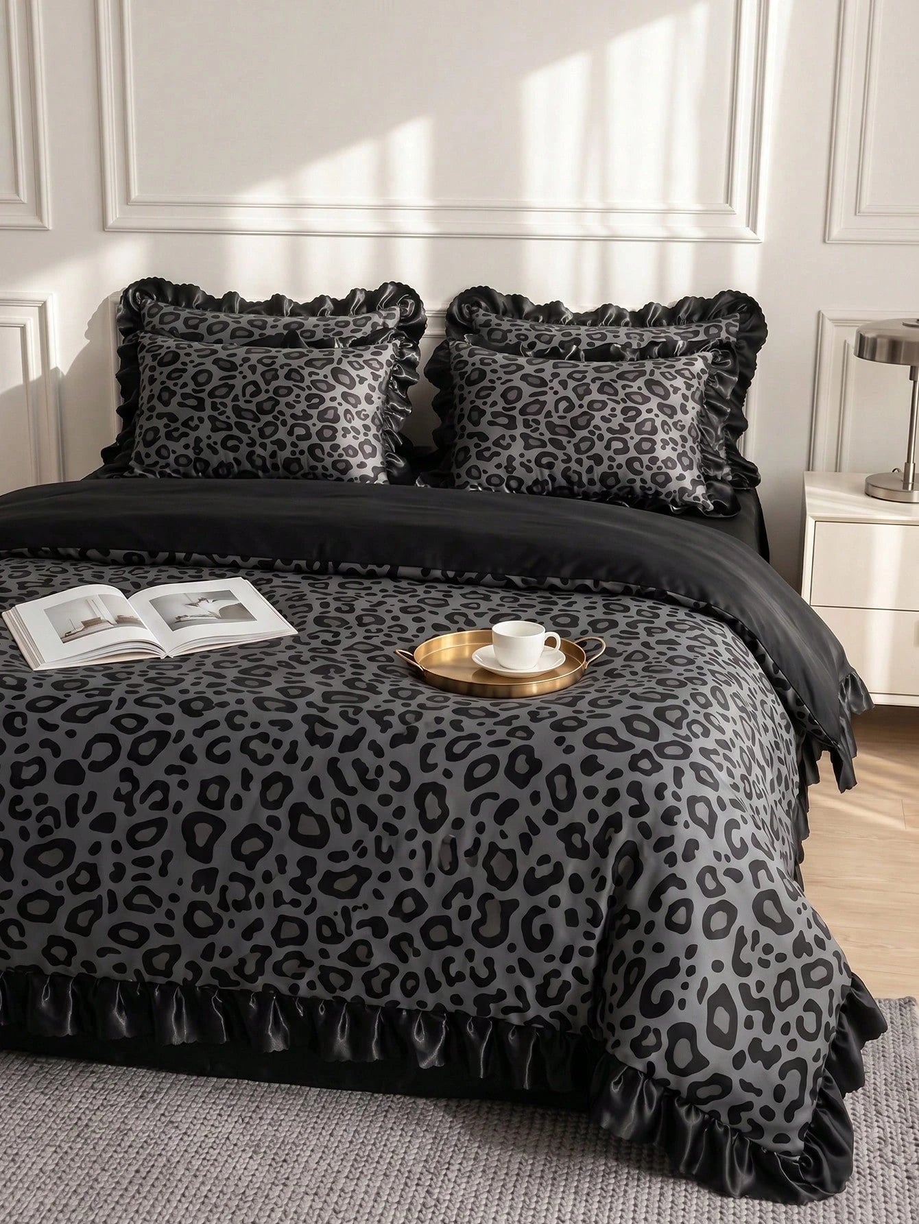2/3pcs Satin Ruffle Duvet Cover Set, Dorm Bedding, Black Leopard Print Bedding Set, Cozy Room Decor, Skin-Friendly Breathable, Super Soft Anti-Pilling, No Duvet Insert, Suitable For Single/Double/Quee