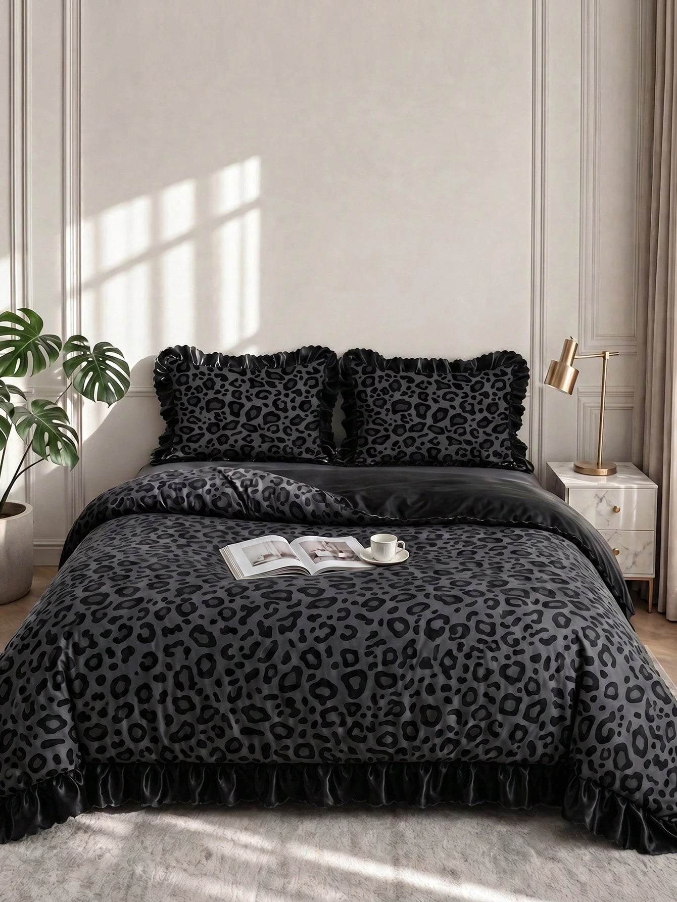 2/3pcs Satin Ruffle Duvet Cover Set, Dorm Bedding, Black Leopard Print Bedding Set, Cozy Room Decor, Skin-Friendly Breathable, Super Soft Anti-Pilling, No Duvet Insert, Suitable For Single/Double/Quee