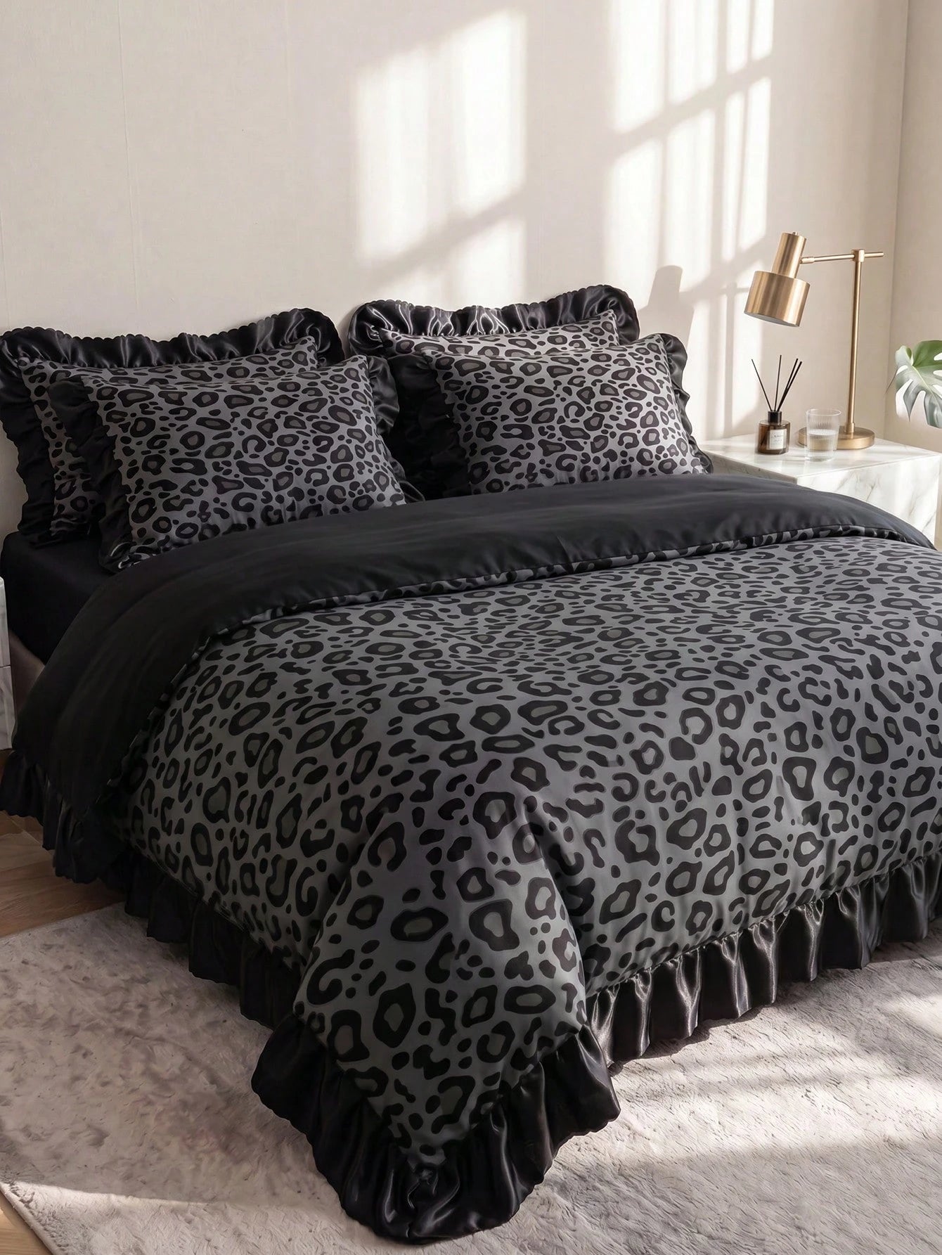 2/3pcs Satin Ruffle Duvet Cover Set, Dorm Bedding, Black Leopard Print Bedding Set, Cozy Room Decor, Skin-Friendly Breathable, Super Soft Anti-Pilling, No Duvet Insert, Suitable For Single/Double/Quee