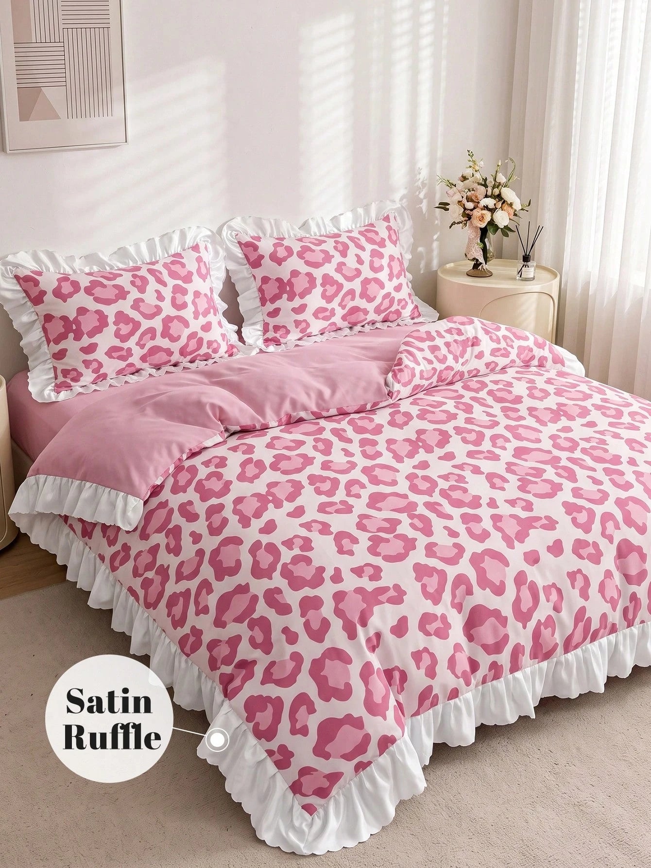 2/3pcs Satin Ruffle Duvet Cover Set, Dorm Bedding, Black Leopard Print Bedding Set, Cozy Room Decor, Skin-Friendly Breathable, Super Soft Anti-Pilling, No Duvet Insert, Suitable For Single/Double/Quee