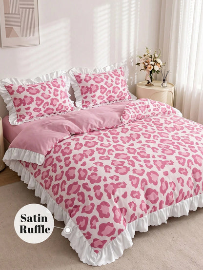 2/3pcs Satin Ruffle Duvet Cover Set, Dorm Bedding, Black Leopard Print Bedding Set, Cozy Room Decor, Skin-Friendly Breathable, Super Soft Anti-Pilling, No Duvet Insert, Suitable For Single/Double/Quee