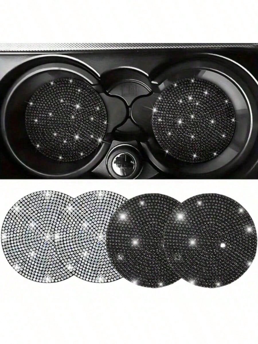 2/4pcs Car Cup Holder Coasters With Rhinestones, Black/White Diamond Studded Design, Anti-Slip Anti-Scald Car Cup Mat, Durable & Easy To Clean Car Accessories