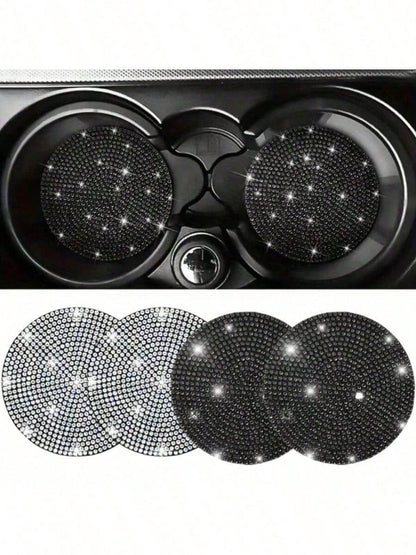 2/4pcs Car Cup Holder Coasters With Rhinestones, Black/White Diamond Studded Design, Anti-Slip Anti-Scald Car Cup Mat, Durable & Easy To Clean Car Accessories