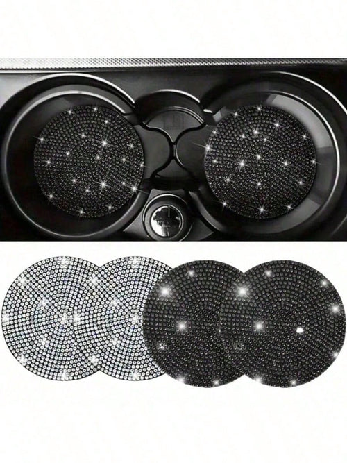 2/4pcs Car Cup Holder Coasters With Rhinestones, Black/White Diamond Studded Design, Anti-Slip Anti-Scald Car Cup Mat, Durable & Easy To Clean Car Accessories