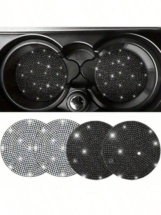 2/4pcs Car Cup Holder Coasters With Rhinestones, Black/White Diamond Studded Design, Anti-Slip Anti-Scald Car Cup Mat, Durable & Easy To Clean Car Accessories