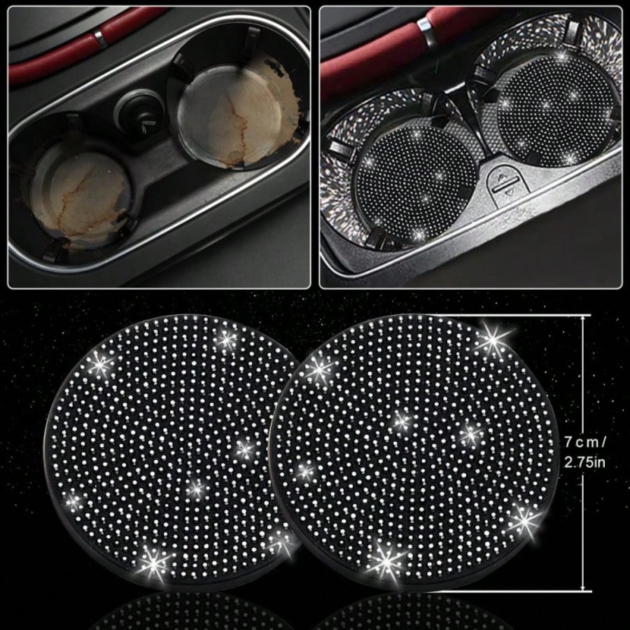 2/4pcs Car Cup Holder Coasters With Rhinestones, Black/White Diamond Studded Design, Anti-Slip Anti-Scald Car Cup Mat, Durable & Easy To Clean Car Accessories
