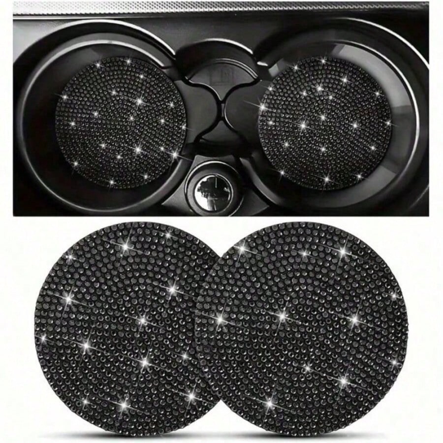 2/4pcs Car Cup Holder Coasters With Rhinestones, Black/White Diamond Studded Design, Anti-Slip Anti-Scald Car Cup Mat, Durable & Easy To Clean Car Accessories