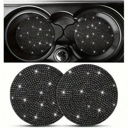 2/4pcs Car Cup Holder Coasters With Rhinestones, Black/White Diamond Studded Design, Anti-Slip Anti-Scald Car Cup Mat, Durable & Easy To Clean Car Accessories