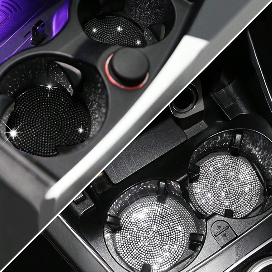 2/4pcs Car Cup Holder Coasters With Rhinestones, Black/White Diamond Studded Design, Anti-Slip Anti-Scald Car Cup Mat, Durable & Easy To Clean Car Accessories