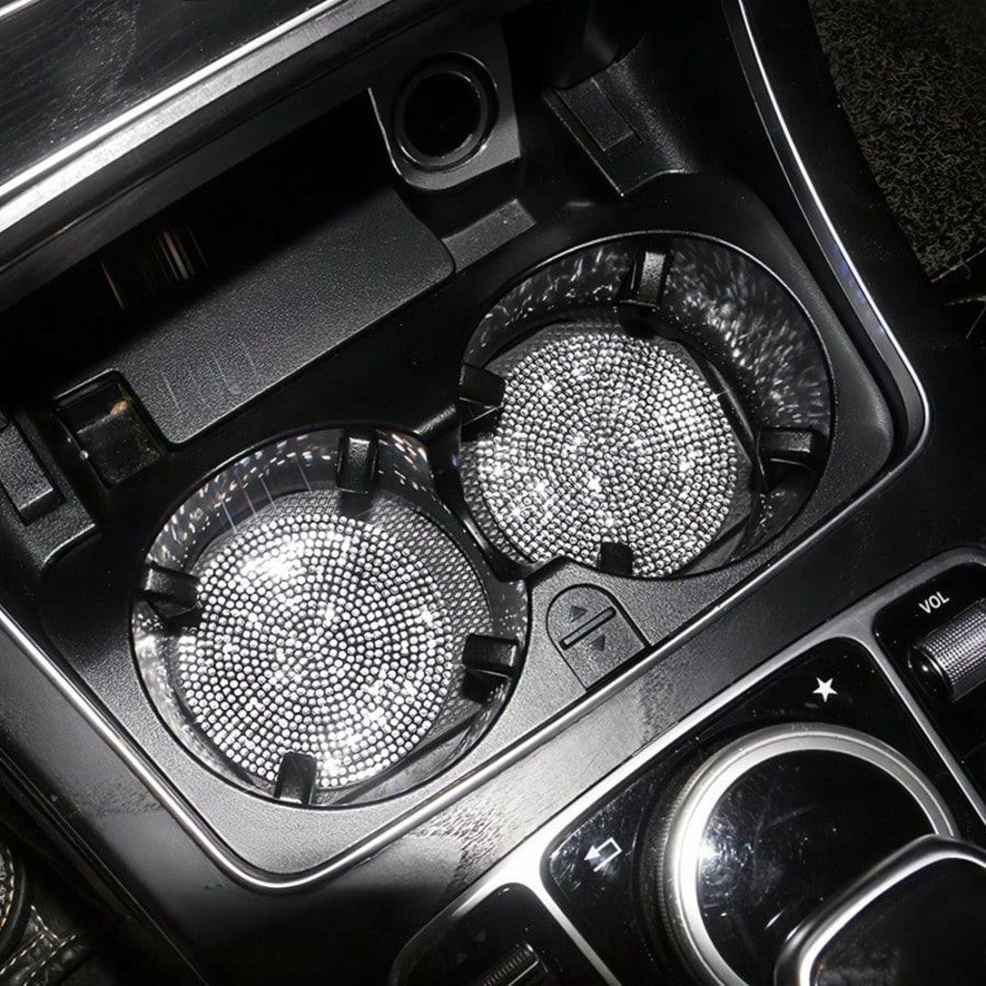 2/4pcs Car Cup Holder Coasters With Rhinestones, Black/White Diamond Studded Design, Anti-Slip Anti-Scald Car Cup Mat, Durable & Easy To Clean Car Accessories