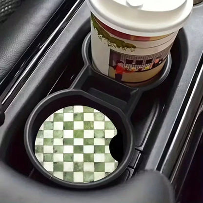 2 Green Grid-Patterned Car Coasters- Made Of Acrylic, Easy To Clean, Suitable For Sedans And SUVs- An Excellent Gift Choice For Car Enthusiasts