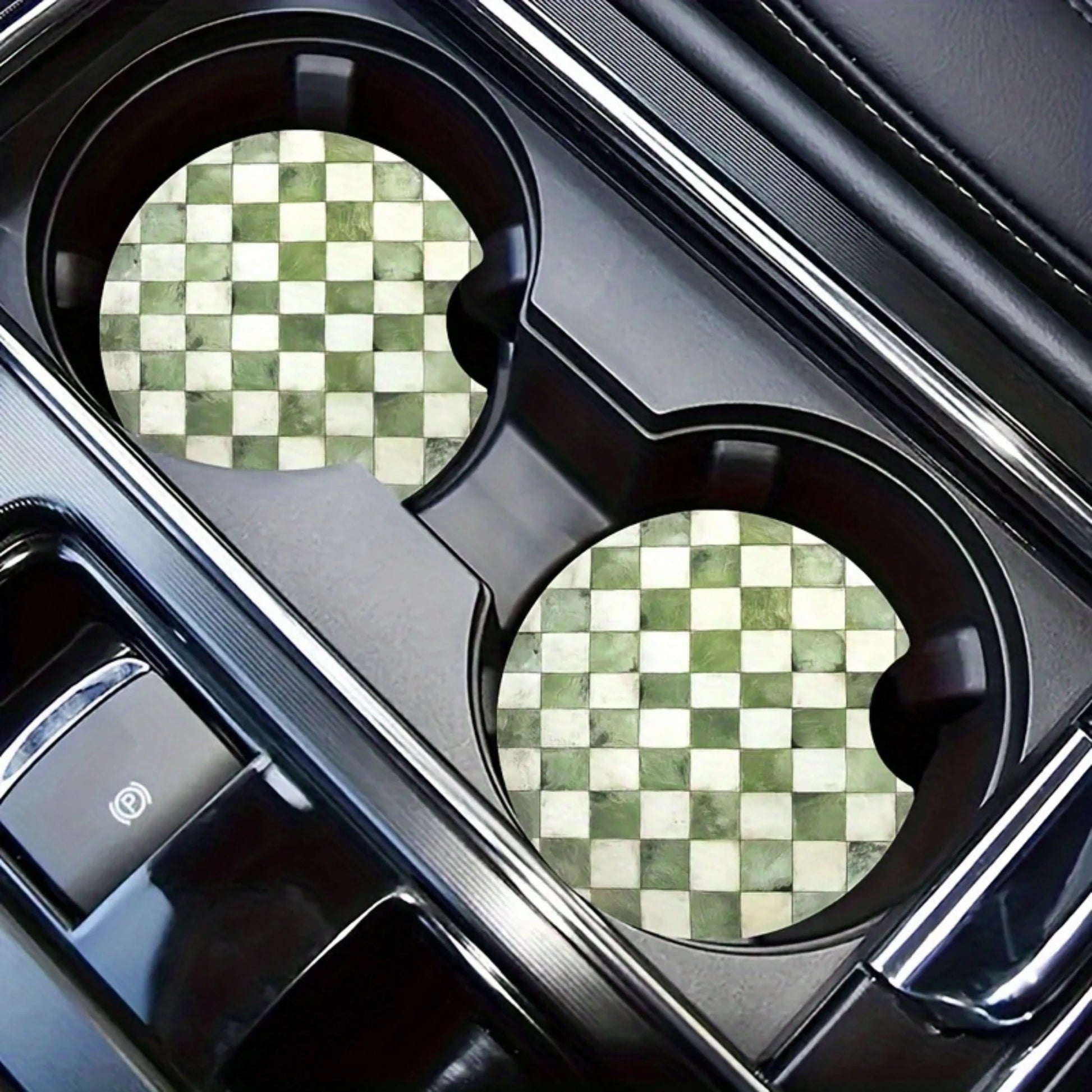 2 Green Grid-Patterned Car Coasters- Made Of Acrylic, Easy To Clean, Suitable For Sedans And SUVs- An Excellent Gift Choice For Car Enthusiasts