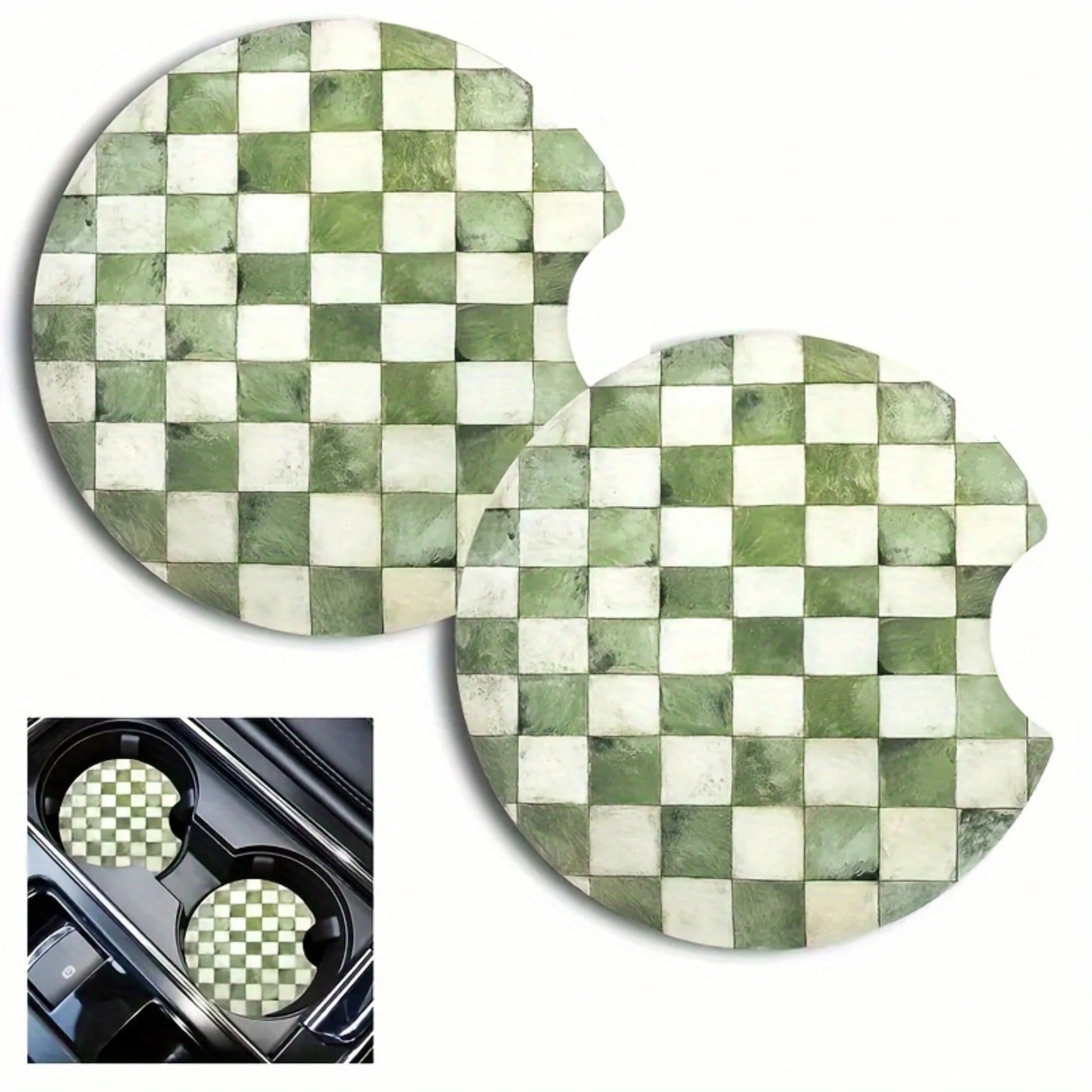 2 Green Grid-Patterned Car Coasters- Made Of Acrylic, Easy To Clean, Suitable For Sedans And SUVs- An Excellent Gift Choice For Car Enthusiasts