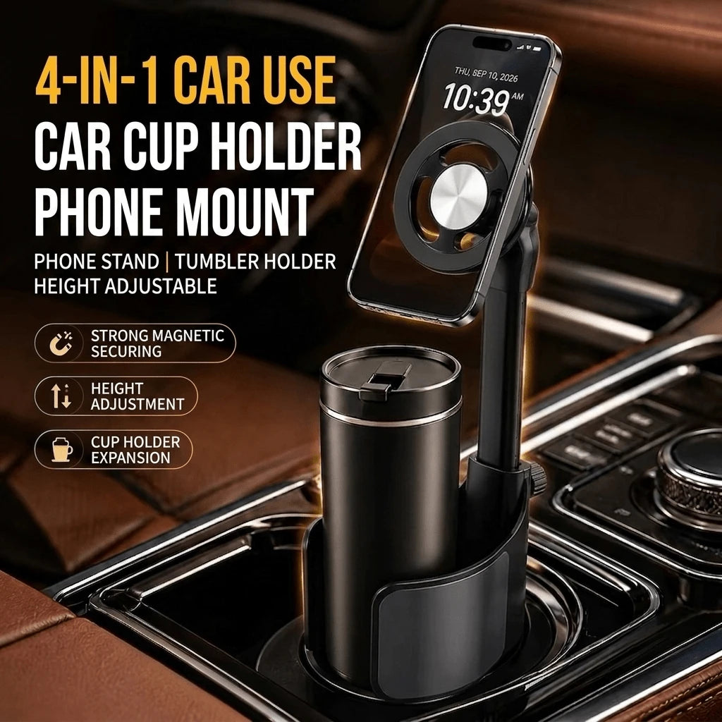 2 In 1 Car Cup Holder Phone Mount & Tablet Stand, Strong Magnetic Cup Holder Expander With 360° Rotation & Adjustable Height, Universal Fit For Phone,,, SUV, Truck