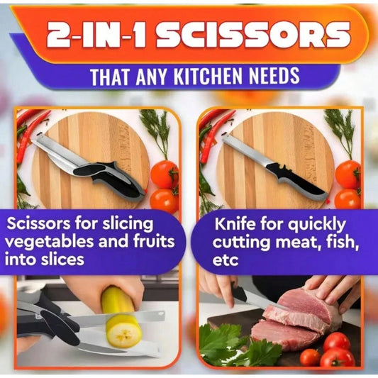 2 In 1 Kitchen Scissors For Food – Stainless Steel Blade & Plastic Cutting Board Scissors With Safety Lock| 9.6" Tomato Knife, Fruit & Vegetable Cutter – Easy-To-Use Kitchen Shears For Meat, Cheese
