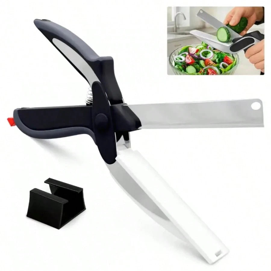 2 In 1 Kitchen Scissors For Food – Stainless Steel Blade & Plastic Cutting Board Scissors With Safety Lock| 9.6" Tomato Knife, Fruit & Vegetable Cutter – Easy-To-Use Kitchen Shears For Meat, Cheese