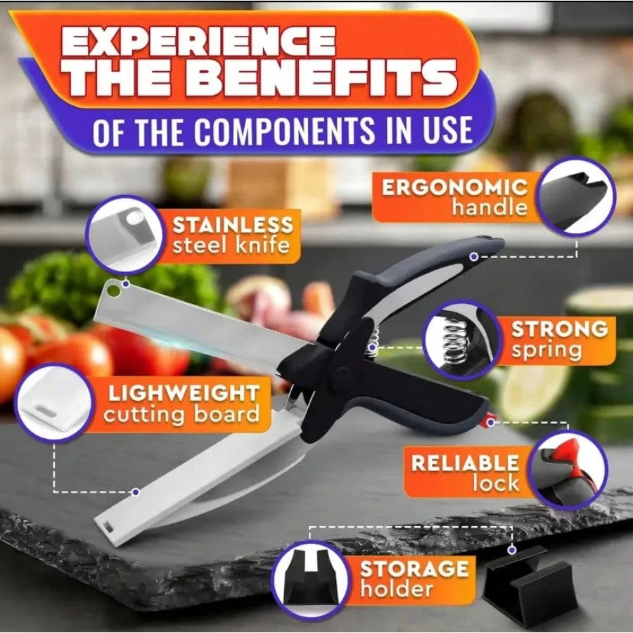 2 In 1 Kitchen Scissors For Food – Stainless Steel Blade & Plastic Cutting Board Scissors With Safety Lock| 9.6" Tomato Knife, Fruit & Vegetable Cutter – Easy-To-Use Kitchen Shears For Meat, Cheese