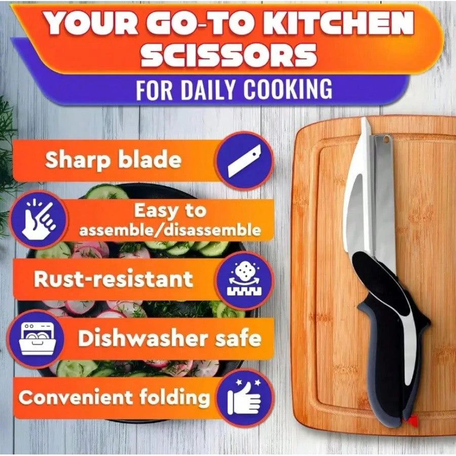 2 In 1 Kitchen Scissors For Food – Stainless Steel Blade & Plastic Cutting Board Scissors With Safety Lock| 9.6" Tomato Knife, Fruit & Vegetable Cutter – Easy-To-Use Kitchen Shears For Meat, Cheese
