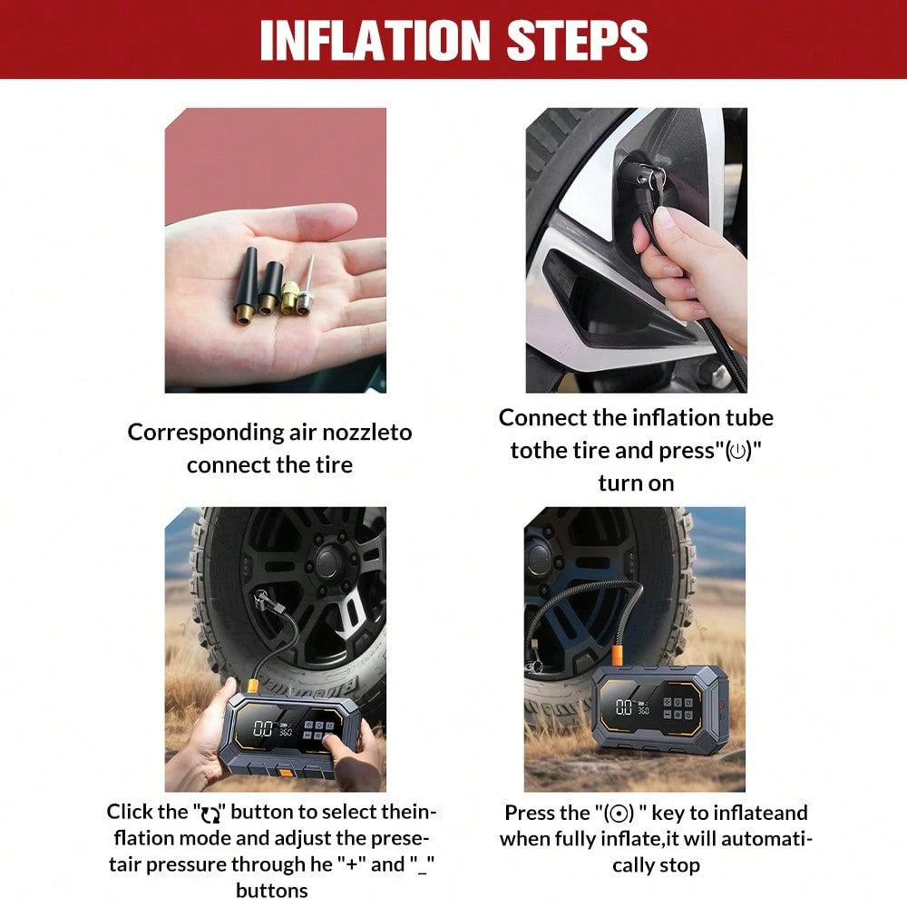2-In-1 Portable Car Jump Starter Air Compressor, Wireless Tire Inflator With LED Light. Fast Car Startup, USB Charging, Multi Nozzles For Vehicles And Bikes. Practical Emergency Auto Tool And Great Gi