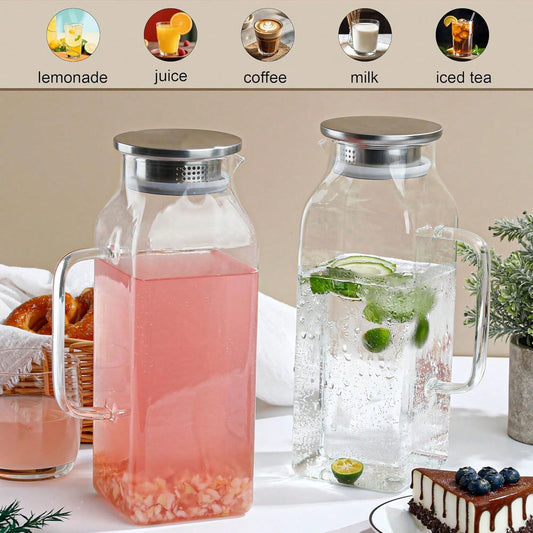 2 Pack 2 Liter/68 Oz Square Glass Pitcher With Lid, Classic Stripes Water Pitchers With Handle For Fridge, Large Jug For Iced Tea, Coffee, Borosilicate Glass Carafe For Hot/Cold Brew Drink, Gold