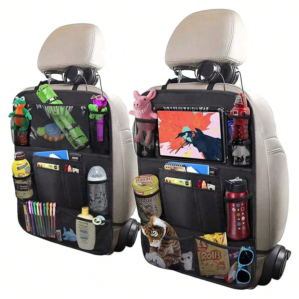 2 Pack Car Backseat Organizer With 10" Table Holder, 9 Storage Pockets Seat Back Protectors Kick Mats For Kids Toddlers, Travel Accessories,Car Storage