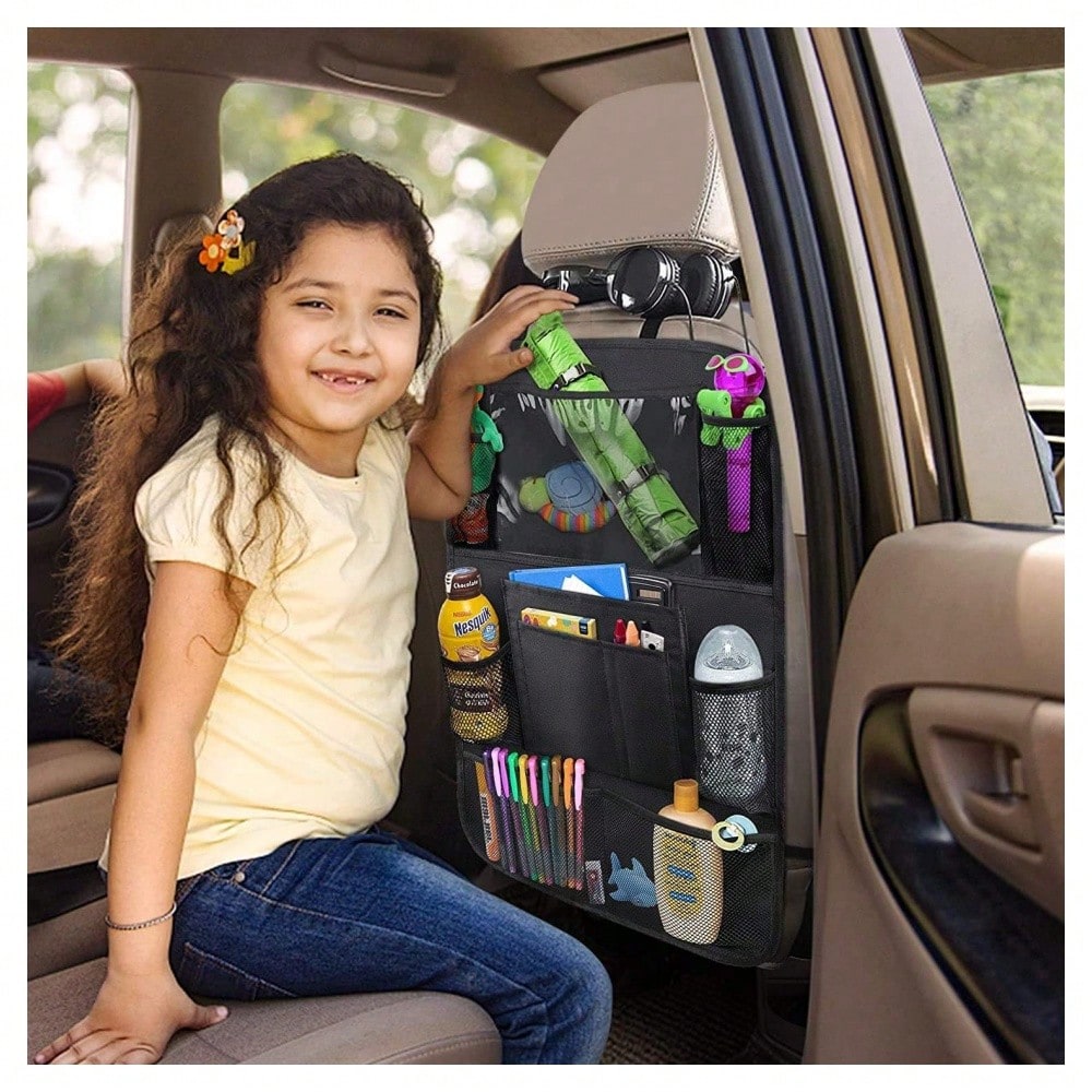 2 Pack Car Backseat Organizer With 10" Table Holder, 9 Storage Pockets Seat Back Protectors Kick Mats For Kids Toddlers, Travel Accessories,Car Storage