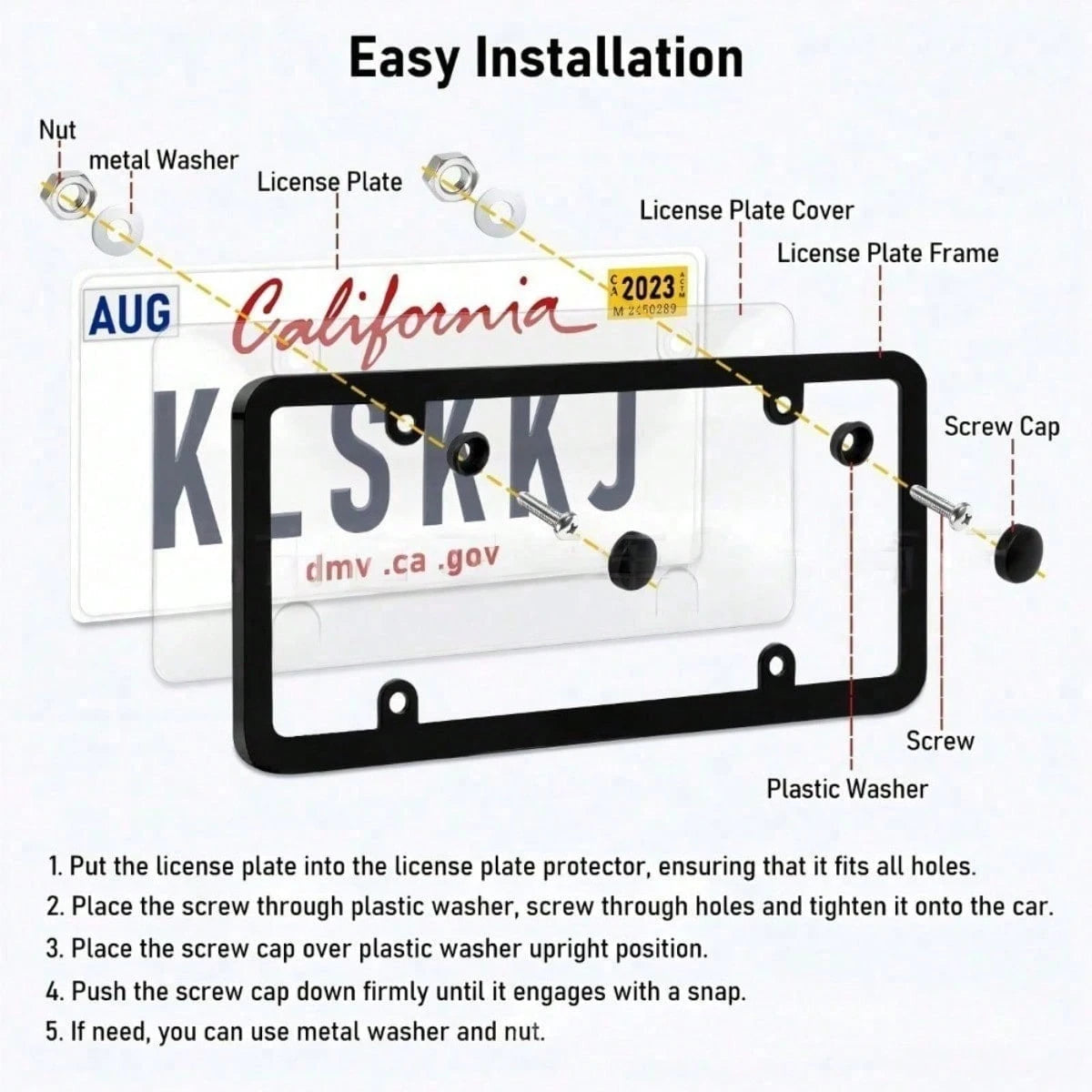 2 Pack White License Plate Frames US Standard Size, Black Inner Accent For Style, Strong ABS Plastic Build Prevents Bending And Weather Damage, Protect Plates From Road Debris And Scratches, Easy Fron