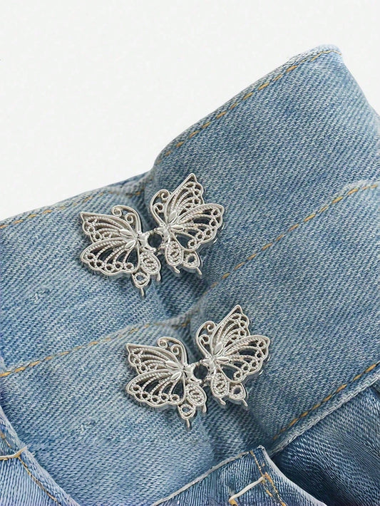 2 Pairs High Quality Butterfly Waist Tightener Buckle Pants Pin Collar Buckle Brooch Ladies Durable Fashion Detachable Jeans Studless Seamless Buckle- Detachable Belt Reducer