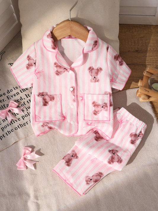2-Piece Newborn Baby Girl Pajamas Set,Cute Cartoon Bear Print Blue And White Stripe,Summer,Family Matching Soft Lapel Top & Long Pants Sleepwear